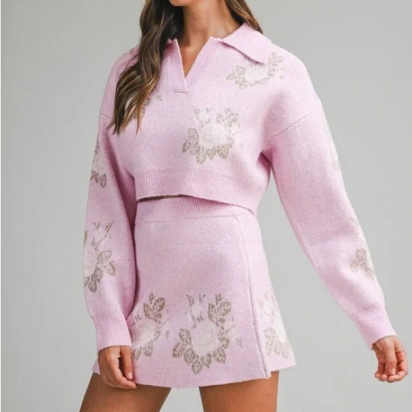 Pink Floral Jacquard Crop Sweater And Skirt Set - Picture 6 of 16